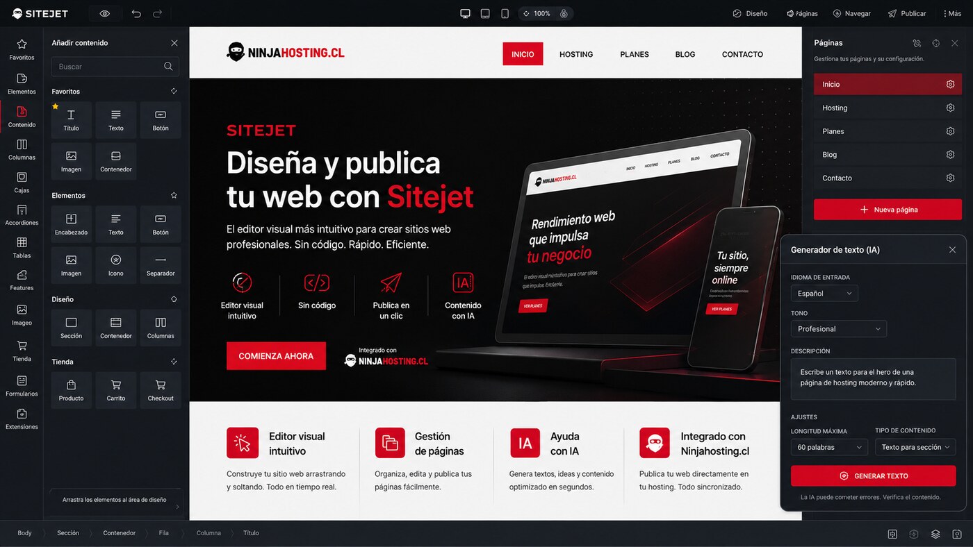 Editor visual SiteJet en NinjaHosting.cl